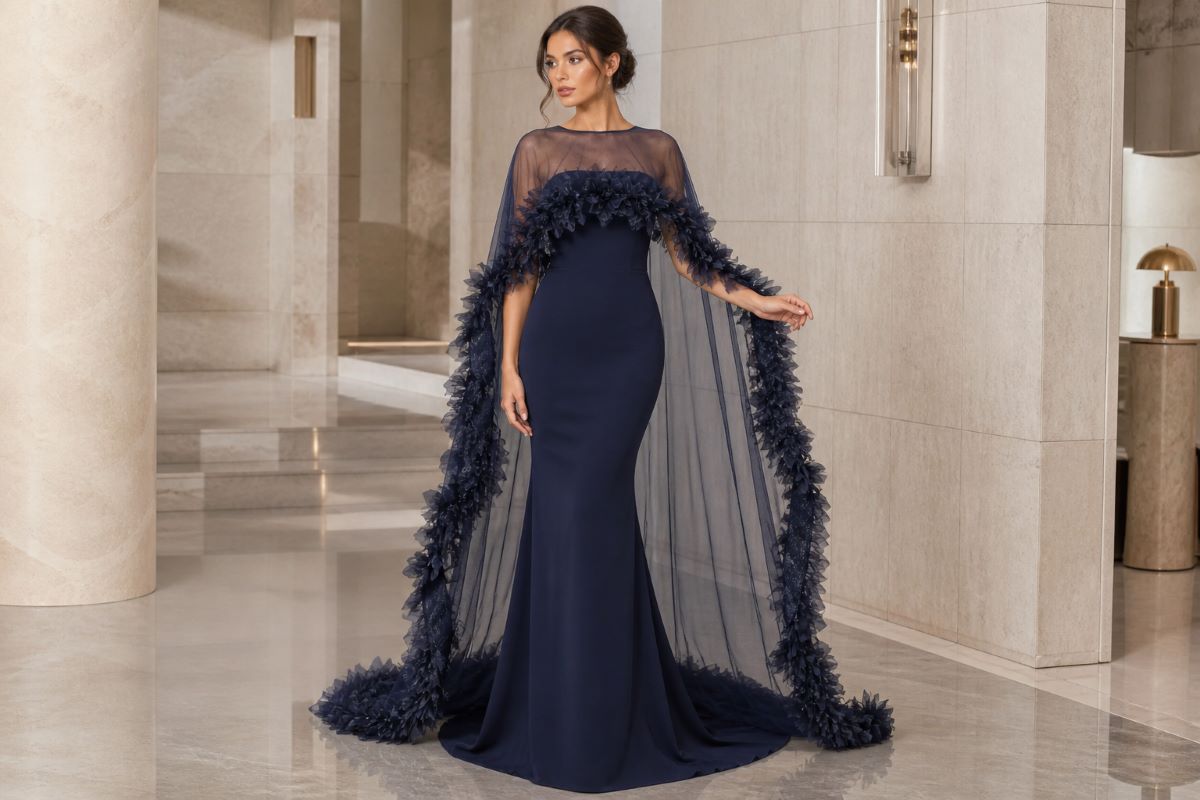 navy evening gown with sheer cape and floral appliqué in luxury interior