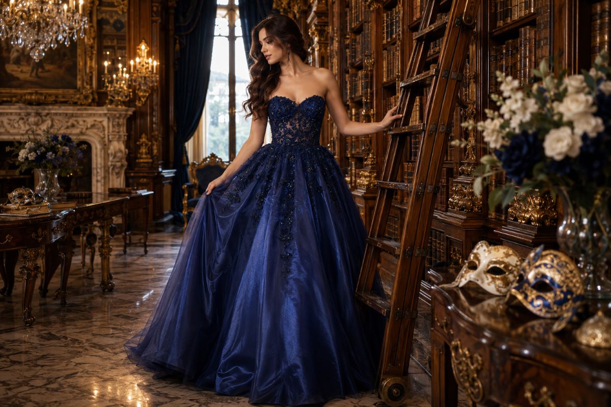 Navy lace masquerade Sweet 16 ball gown