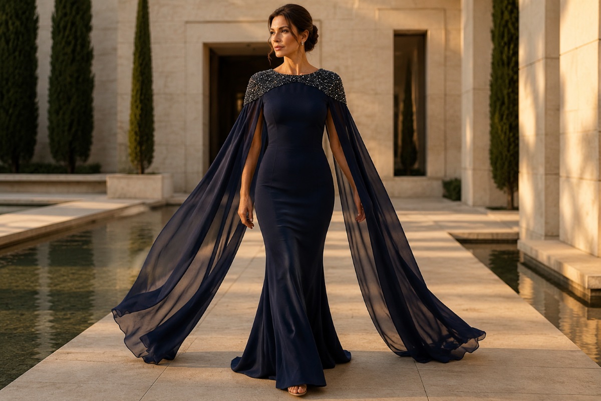 navy mermaid gown cape movement courtyard
