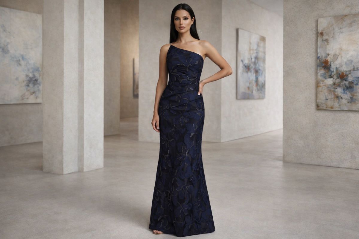 Navy one shoulder mother of the bride gown with fitted silhouette