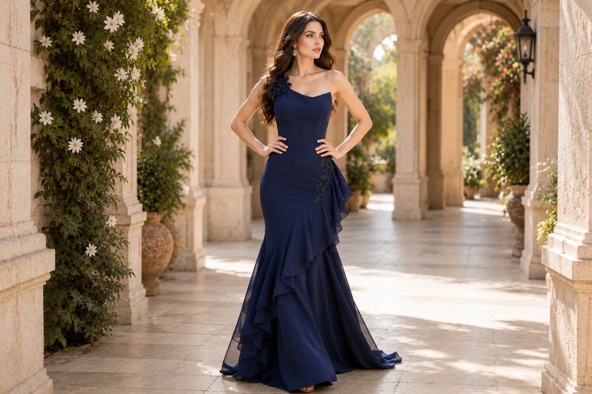 Navy one shoulder evening gown with cascading draped skirt