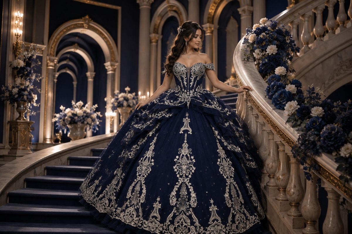 Navy quinceanera gown with jewel tone