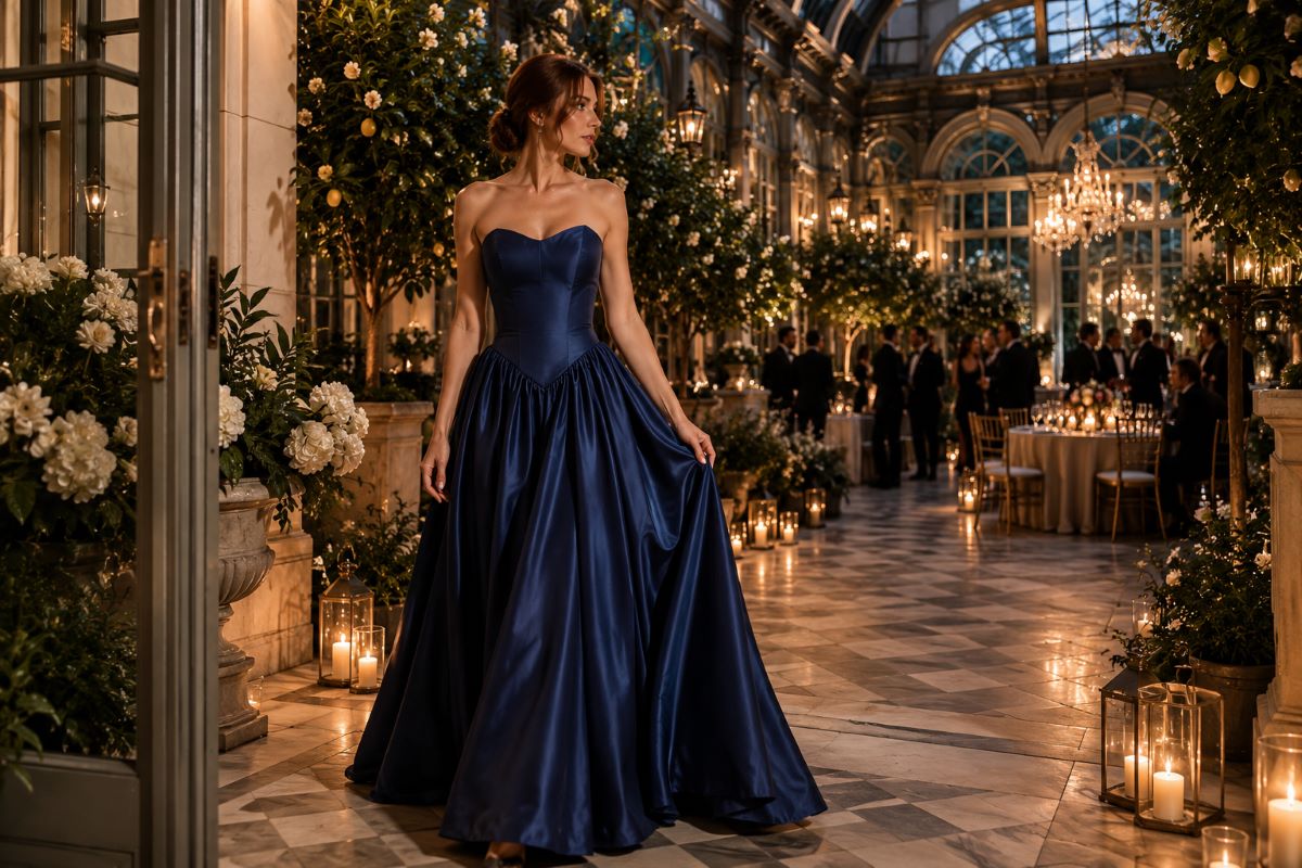 Navy satin wedding guest formal gown
