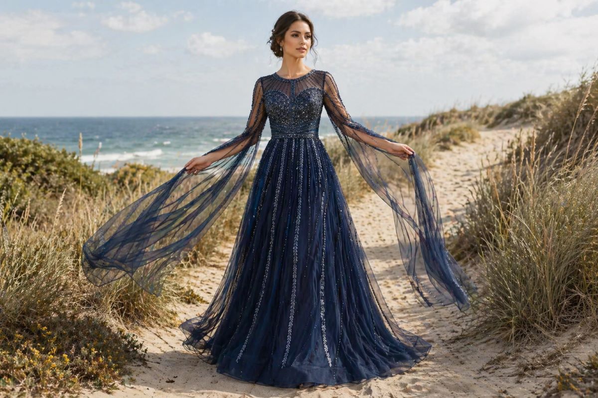 Navy sheer long sleeve flowy mother of the bride dress