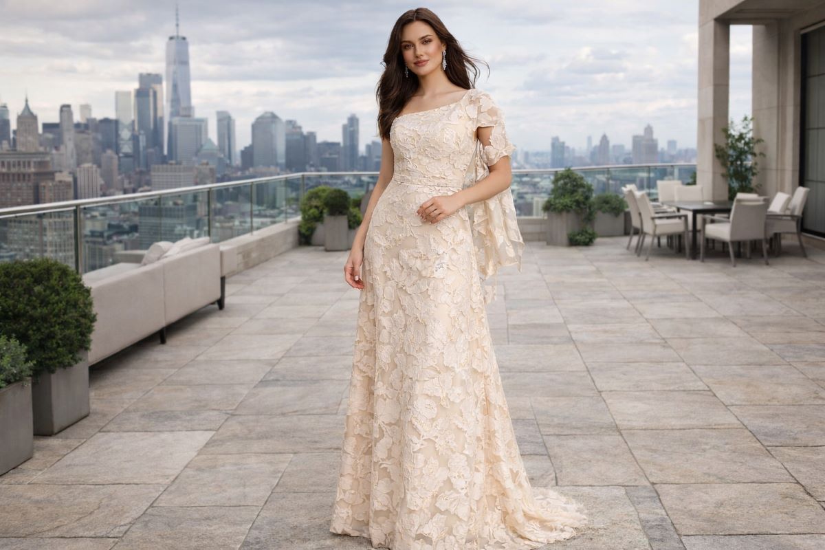 nude floral appliqué evening gown
