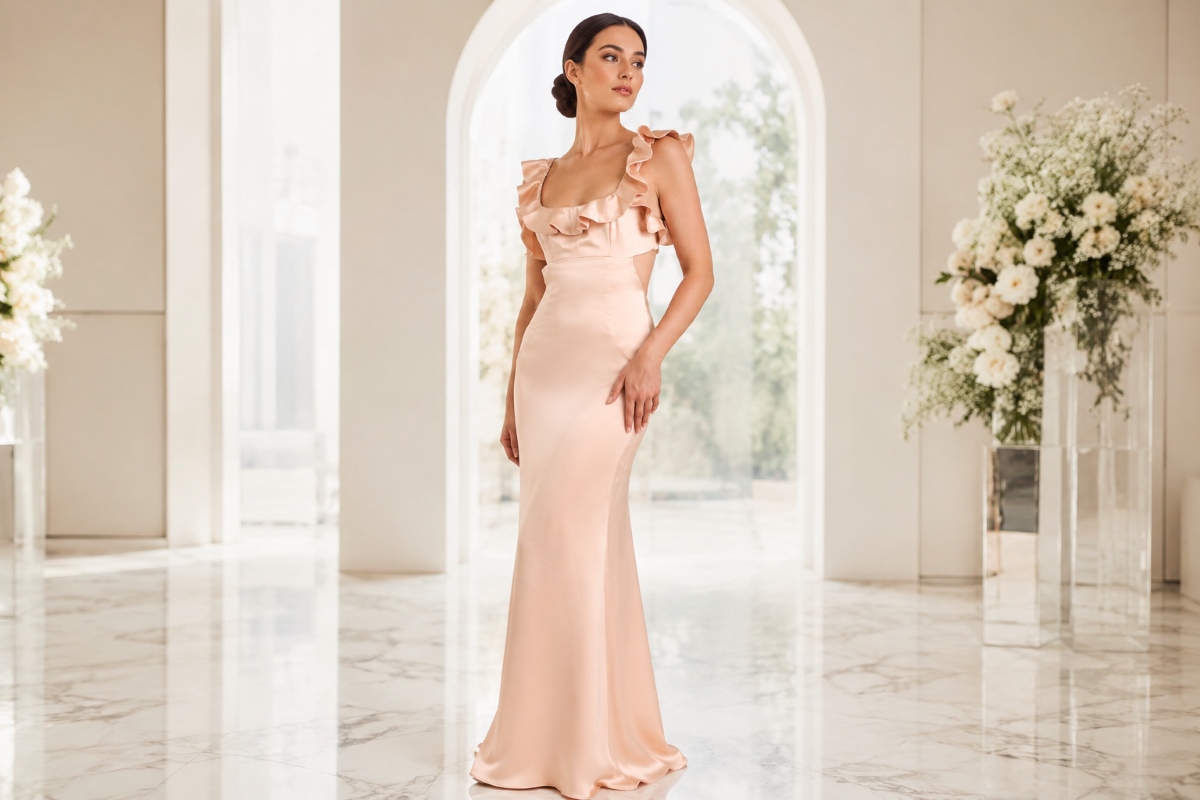 Nude ruffle neckline column dress editorial look