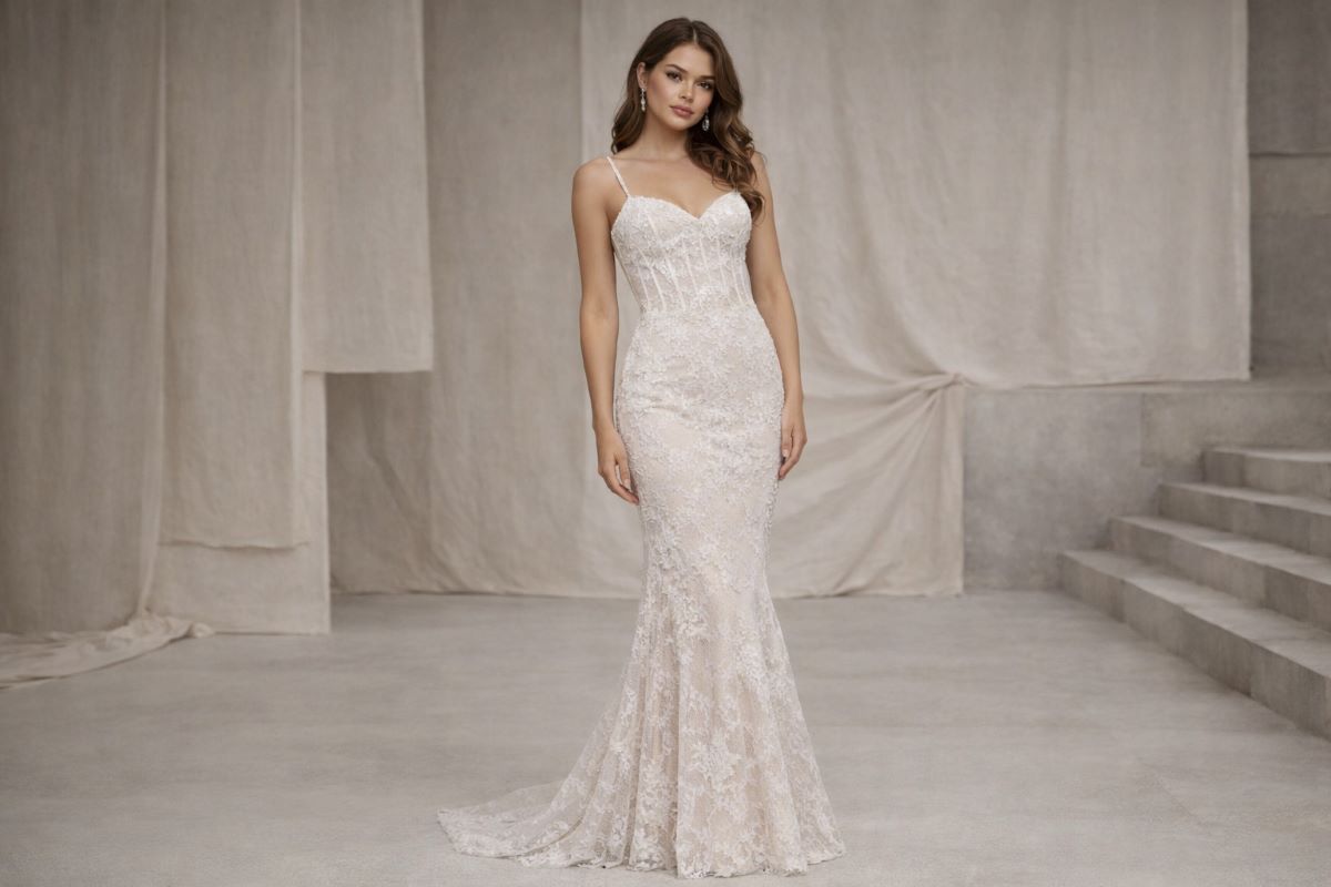 Off-white lace fitted prom dress with corset bodice