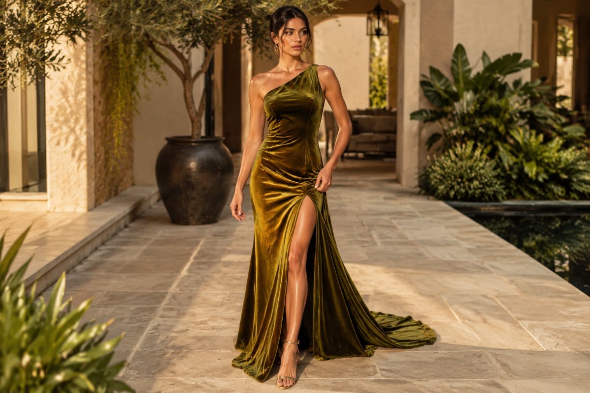 Olive gold velvet slit gown editorial fashion look