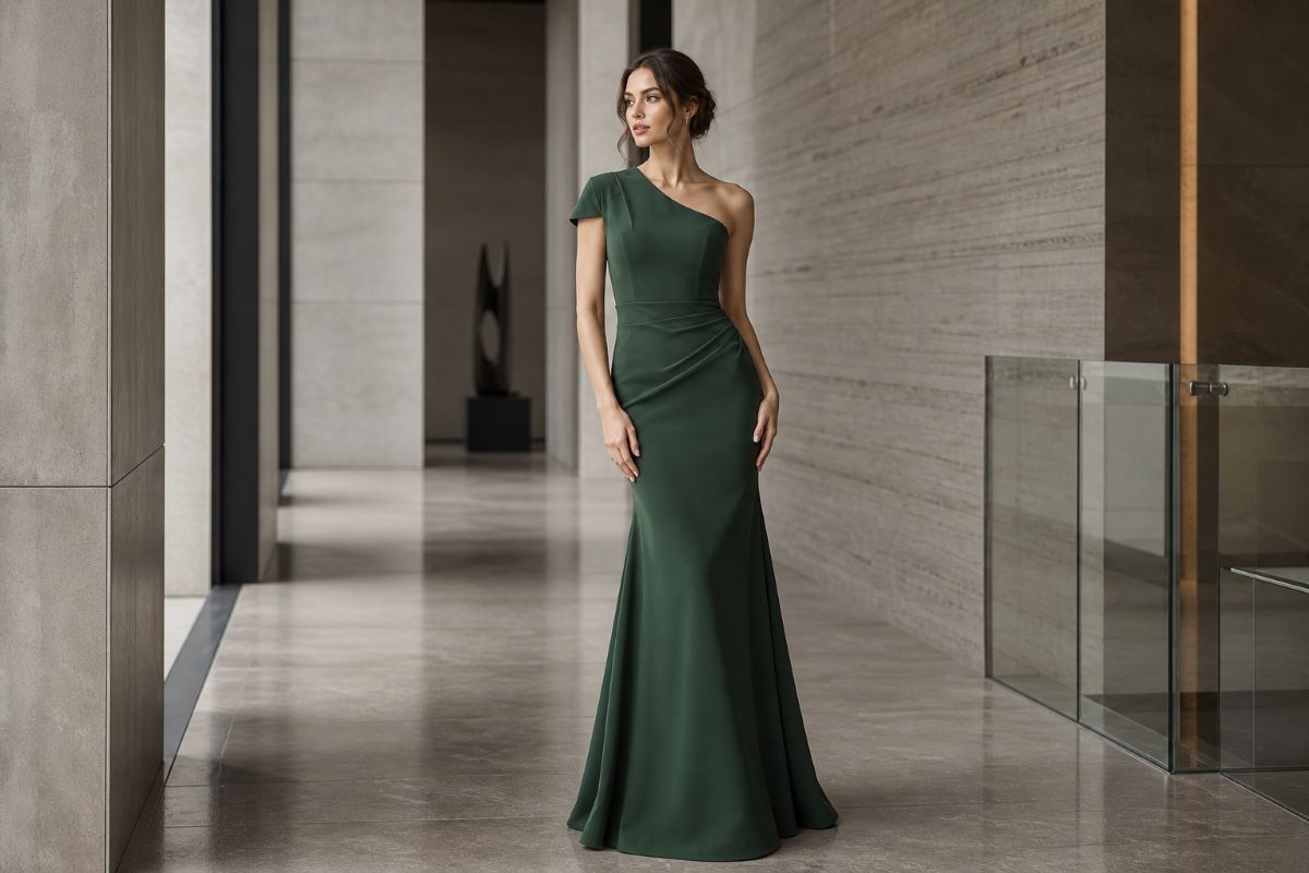 One shoulder fitted evening gown in structured formal silhouette