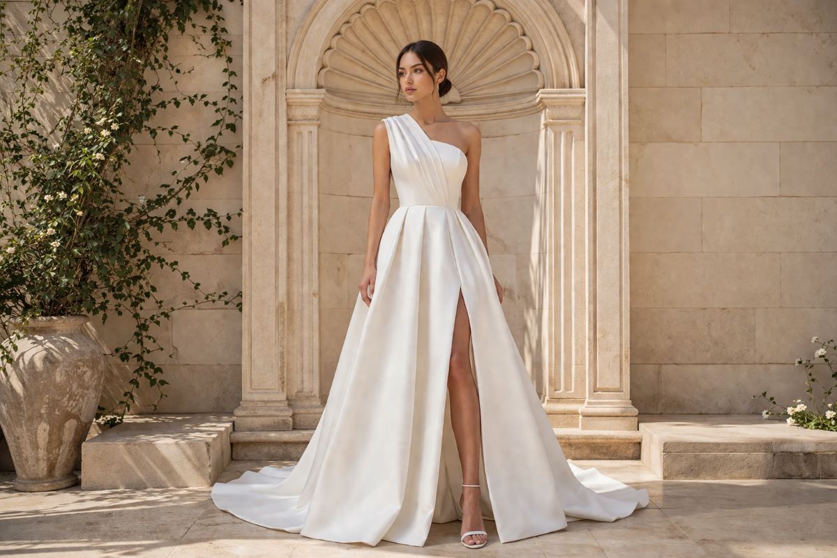 Bride in one-shoulder ivory A-line wedding dress with front slit
