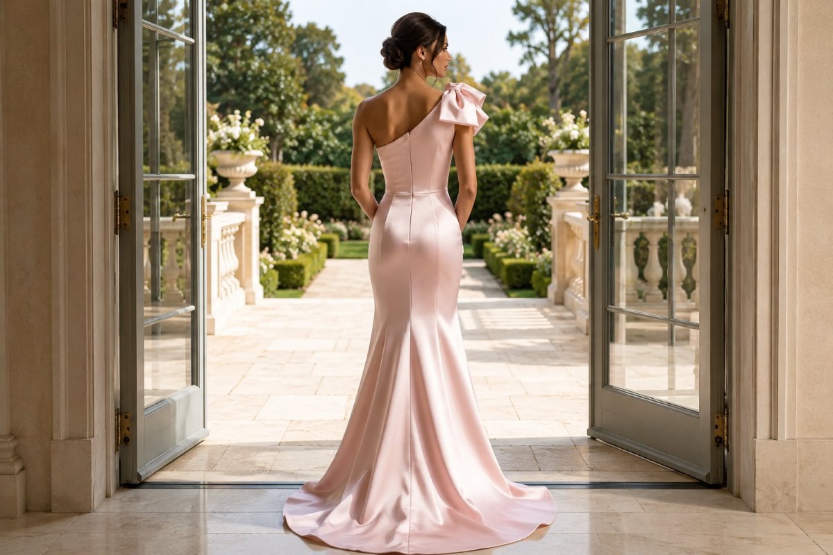 One Shoulder Satin Mermaid Gown Back