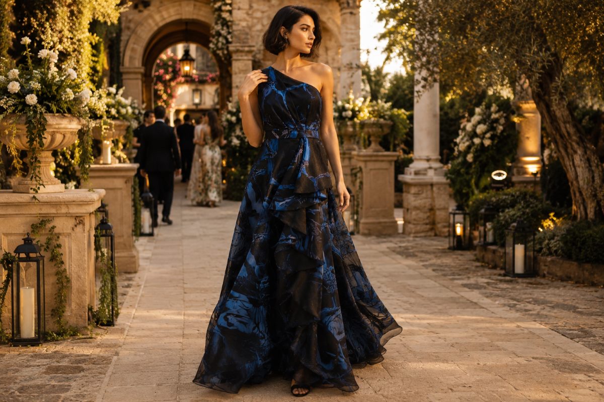 Elegant wedding guest gown editorial look