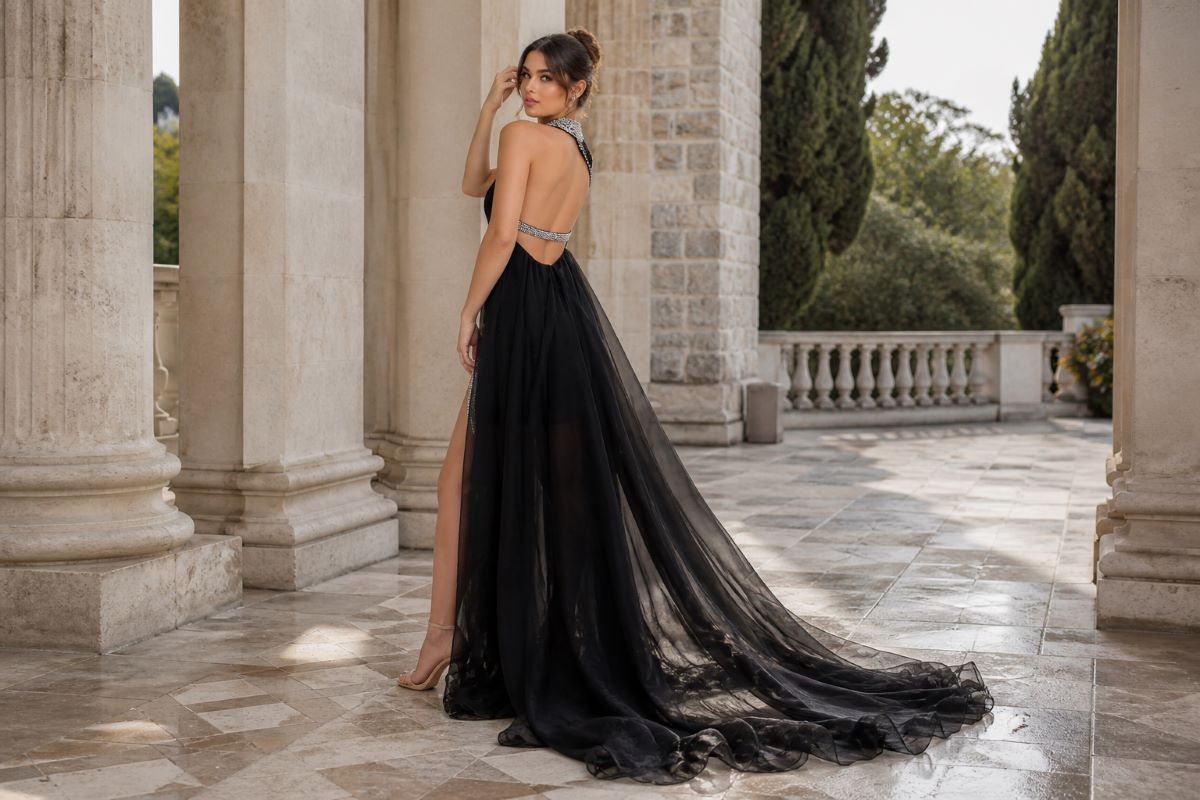 open back black prom gown with flowing skirt and train outdoors