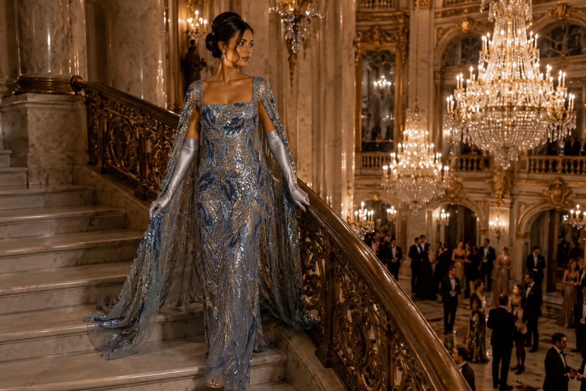 Pageant contestant wearing opera gloves with embellished evening gown