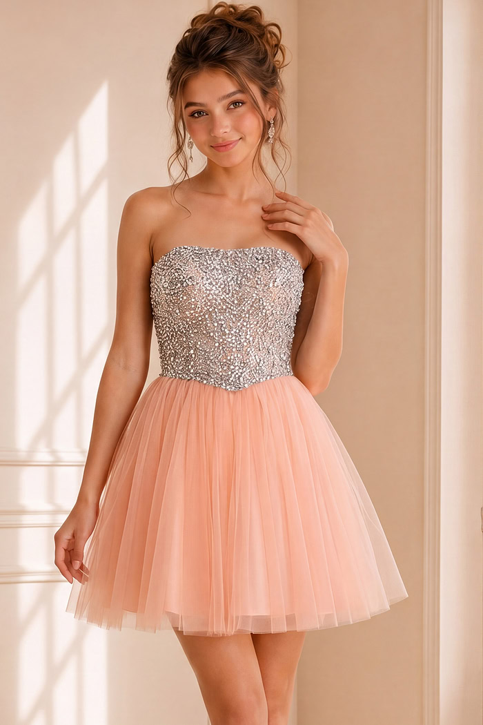 Strapless Sequin Bodice Tulle Skirt Cocktail Dress 58470