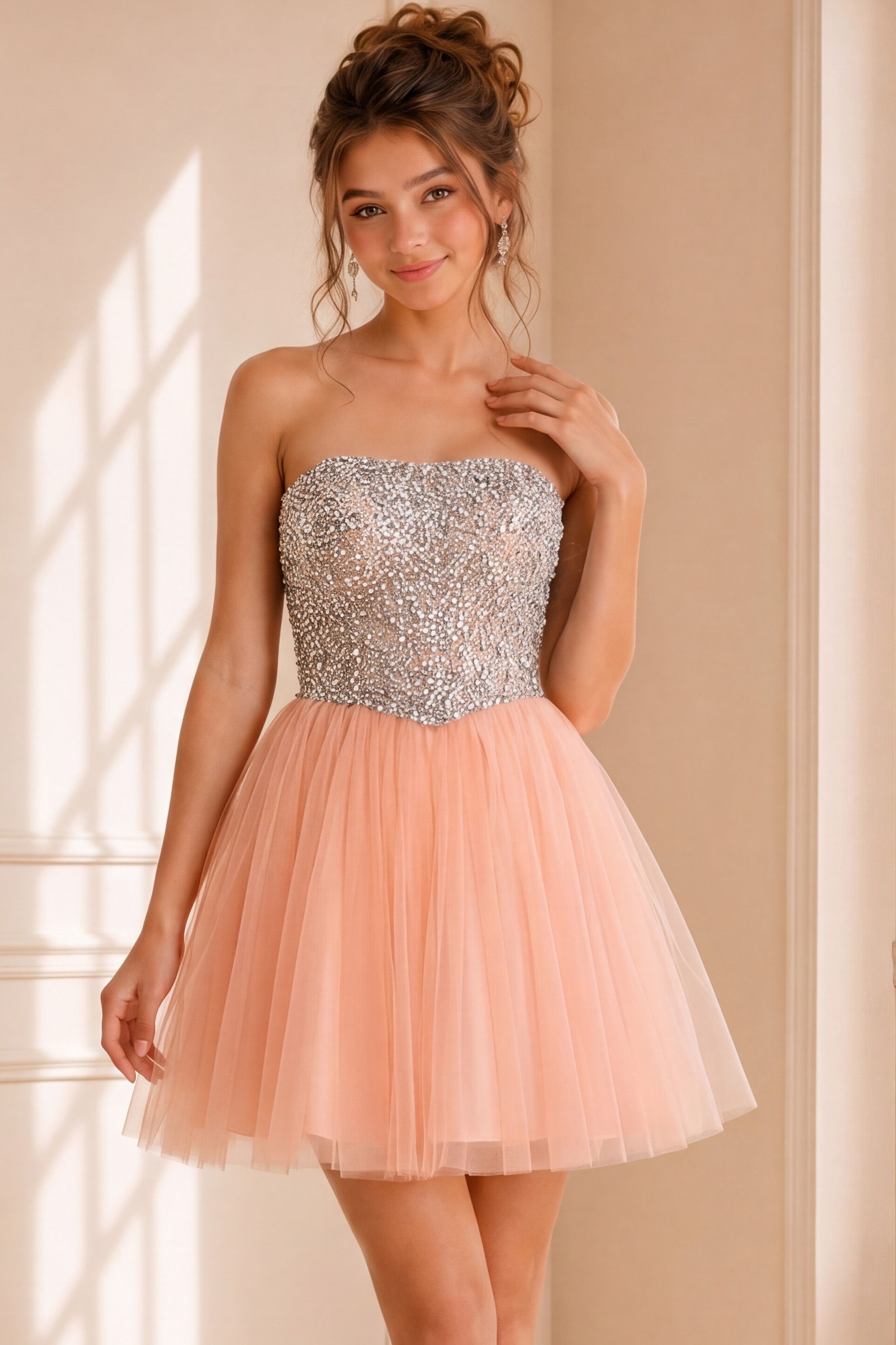 Strapless Sequin Bodice Tulle Skirt Cocktail Dress 58470 - Image 1