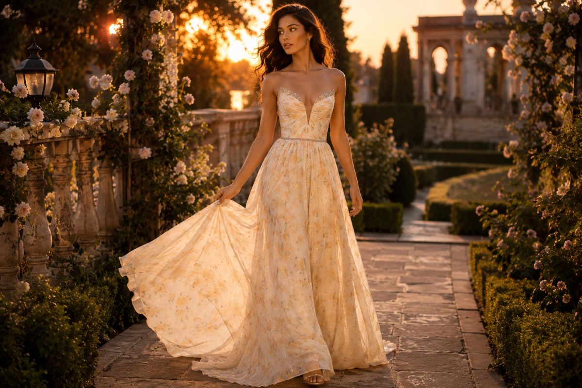 Flowy ivory botanical prom gown in garden