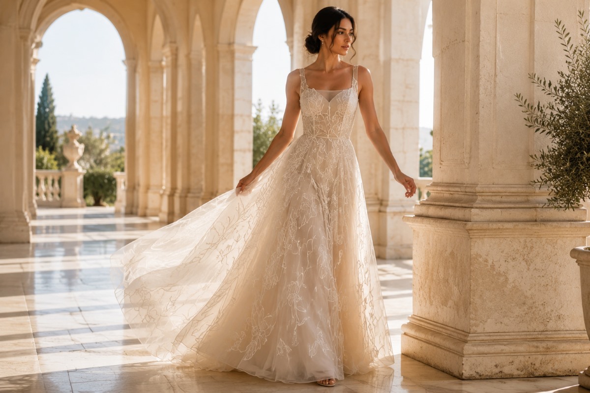 Elegant pastel bridal editorial portrait gown
