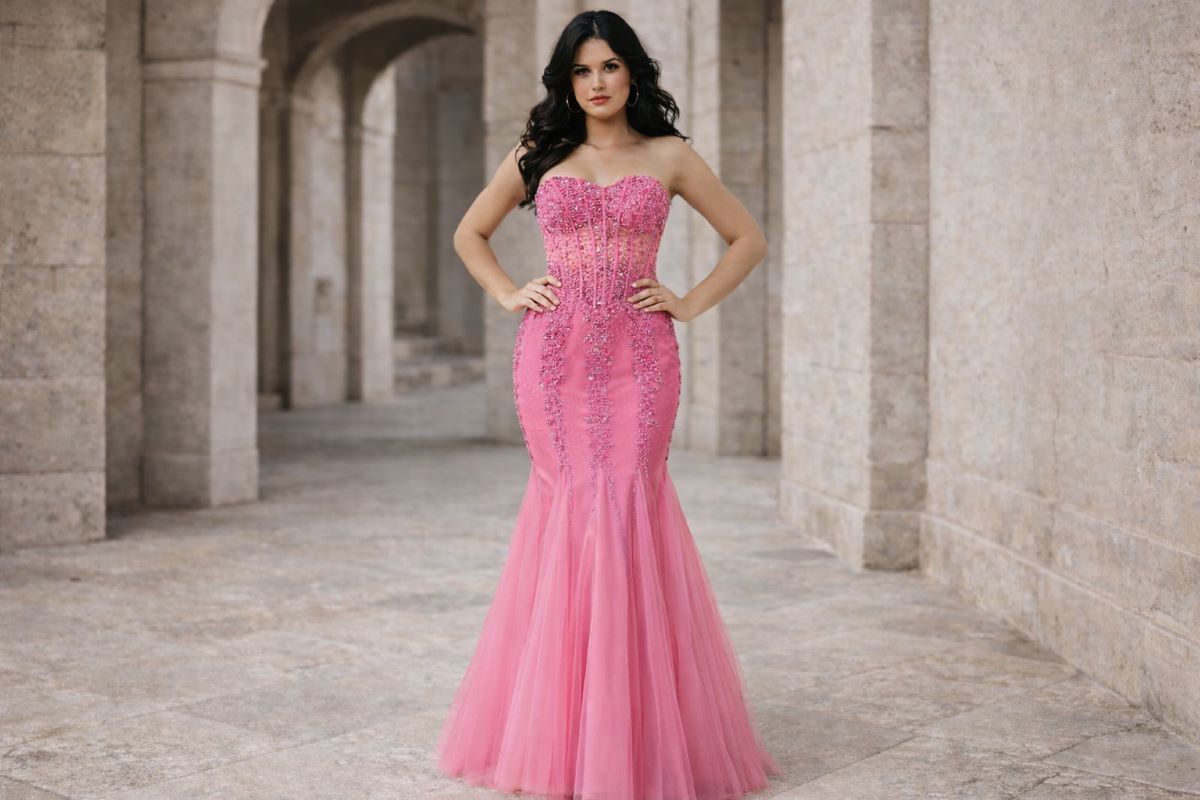 pink corset mermaid tulle gown