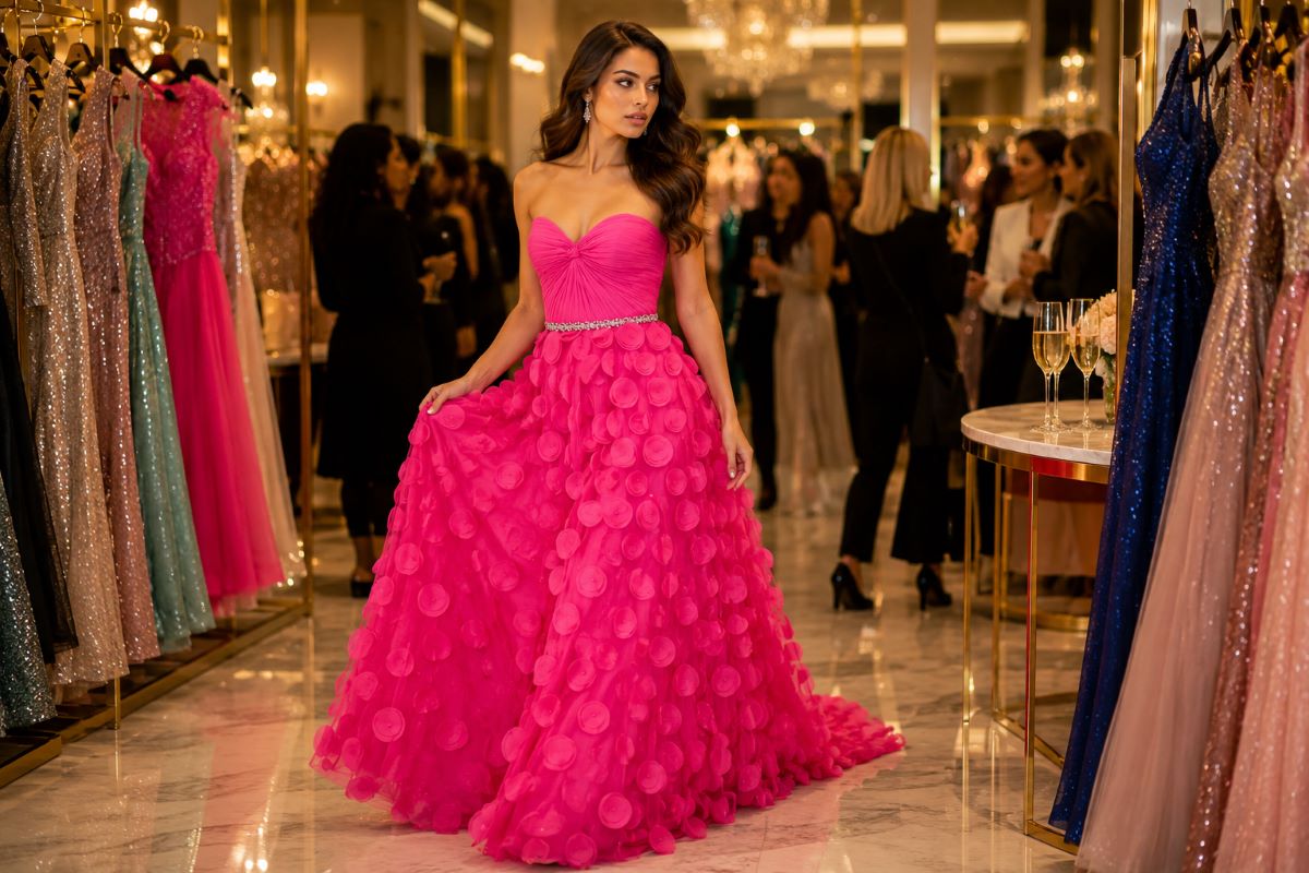 Model in pink couture prom gown at luxury trunk show event