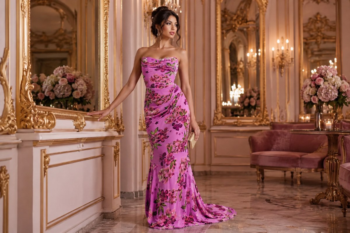 Pink floral embellished evening gown with satin clutch