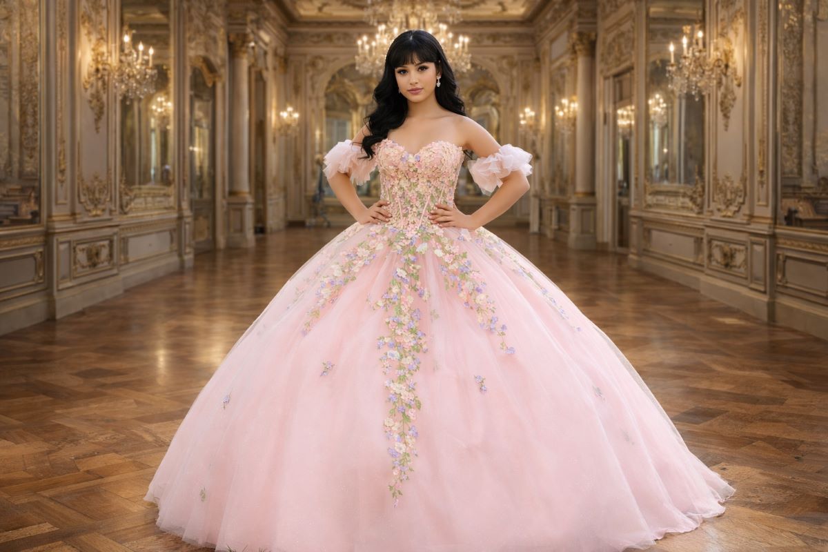 pink quinceanera ball gown floral applique tulle skirt