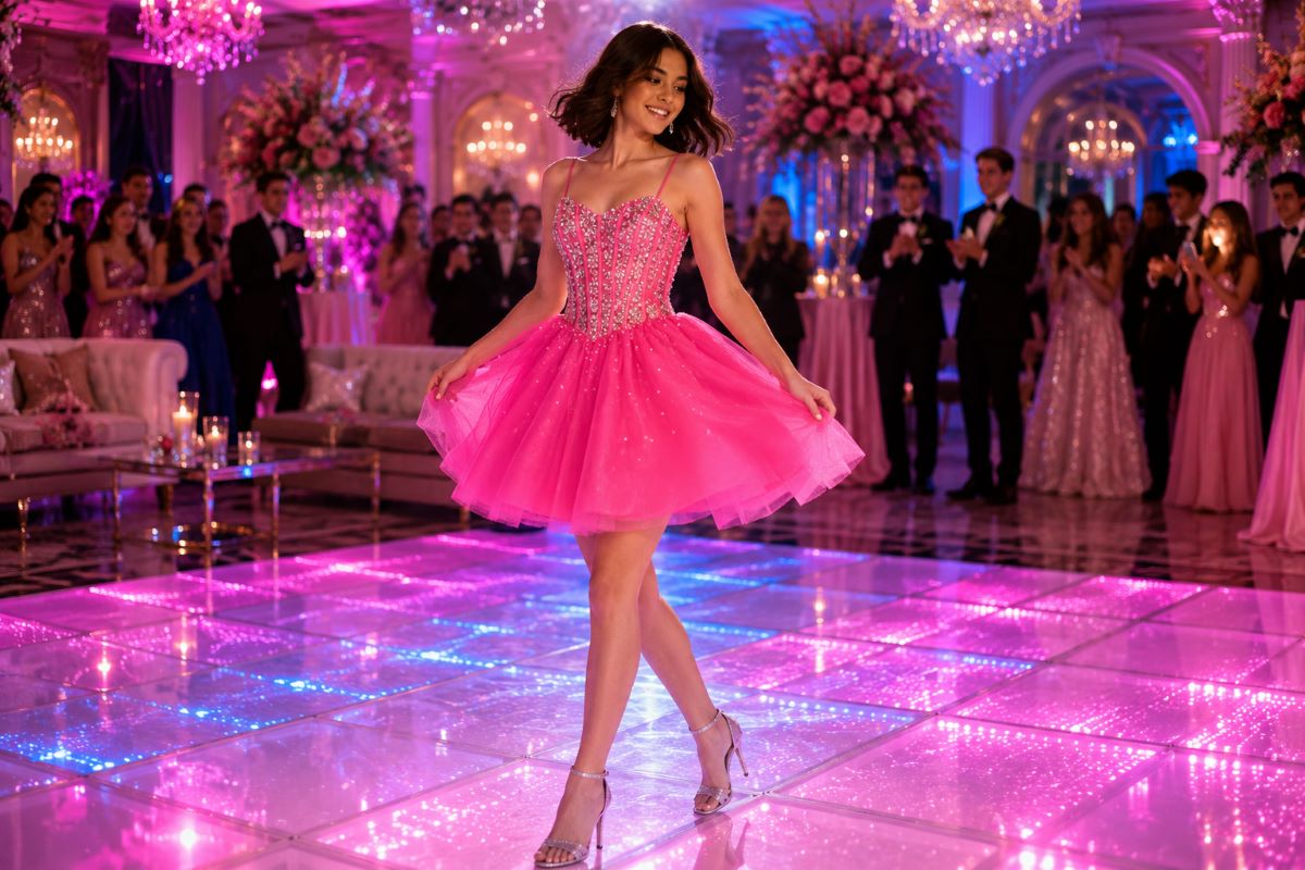 Pink Sweet 16 party dress dancing