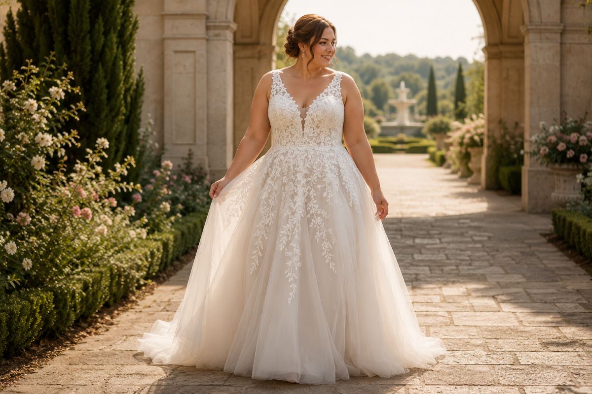 Plus size floral lace A-line wedding dress