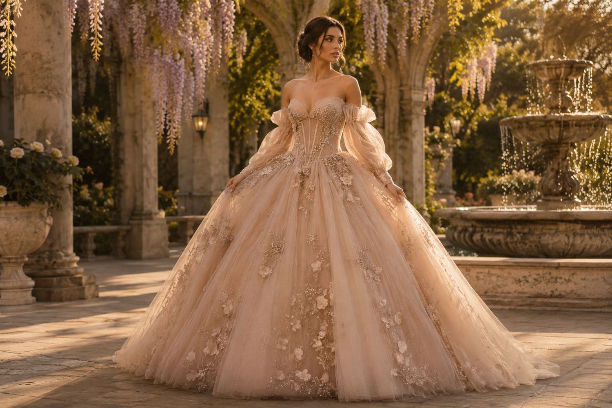 Modern couture ball gown blending quince and prom aesthetics