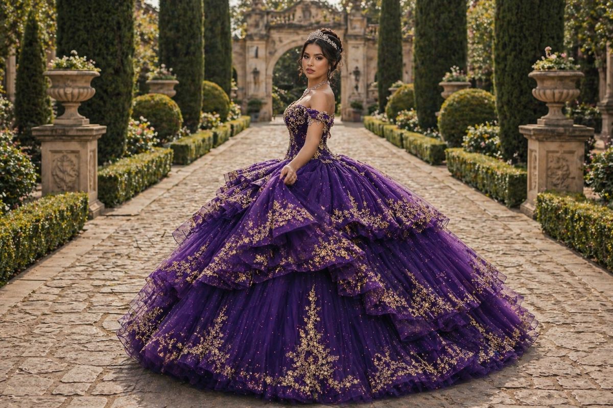 Purple ball gown with gold embroidery