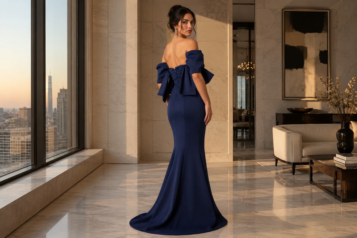 Minimal navy off shoulder old money evening gown