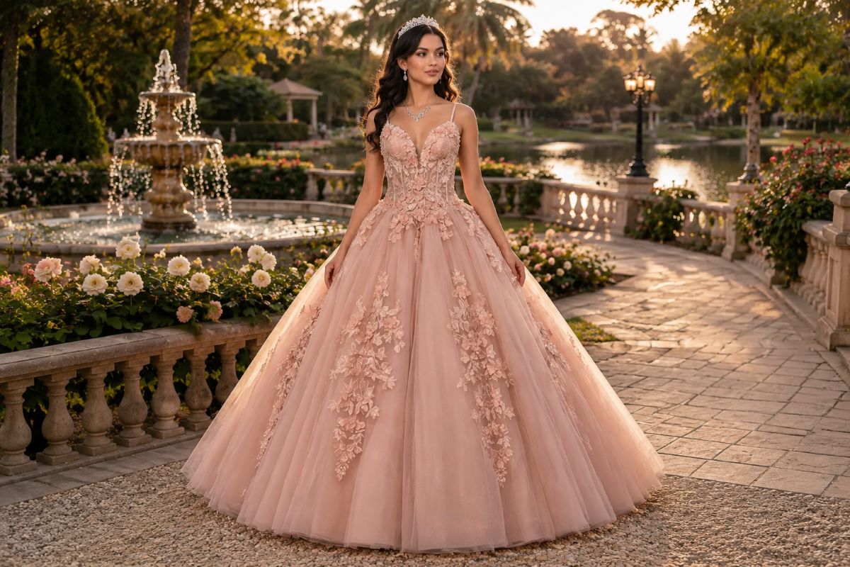 Black-haired model in Quinceanera gown, measurement and ordering phase