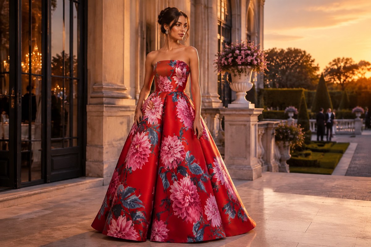 Red floral gala strapless evening gown