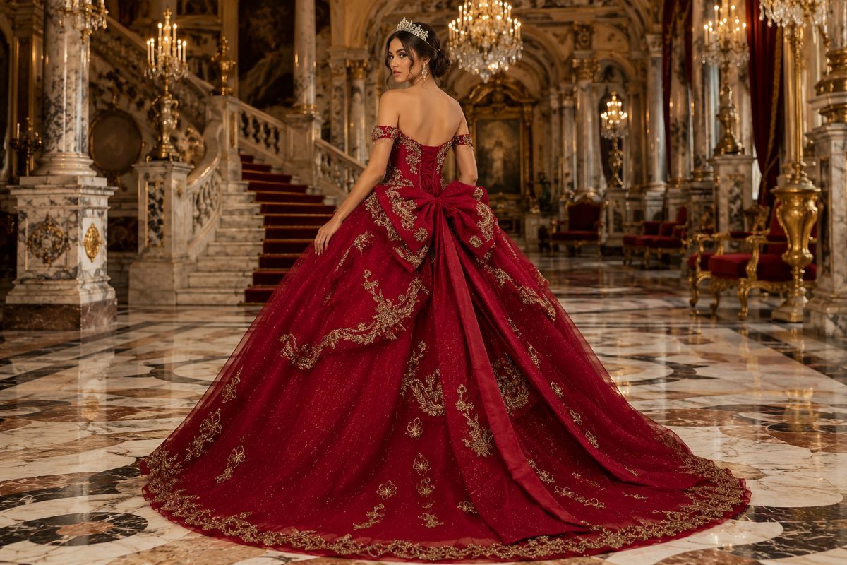 Red quinceañera gown with structured hoop skirt