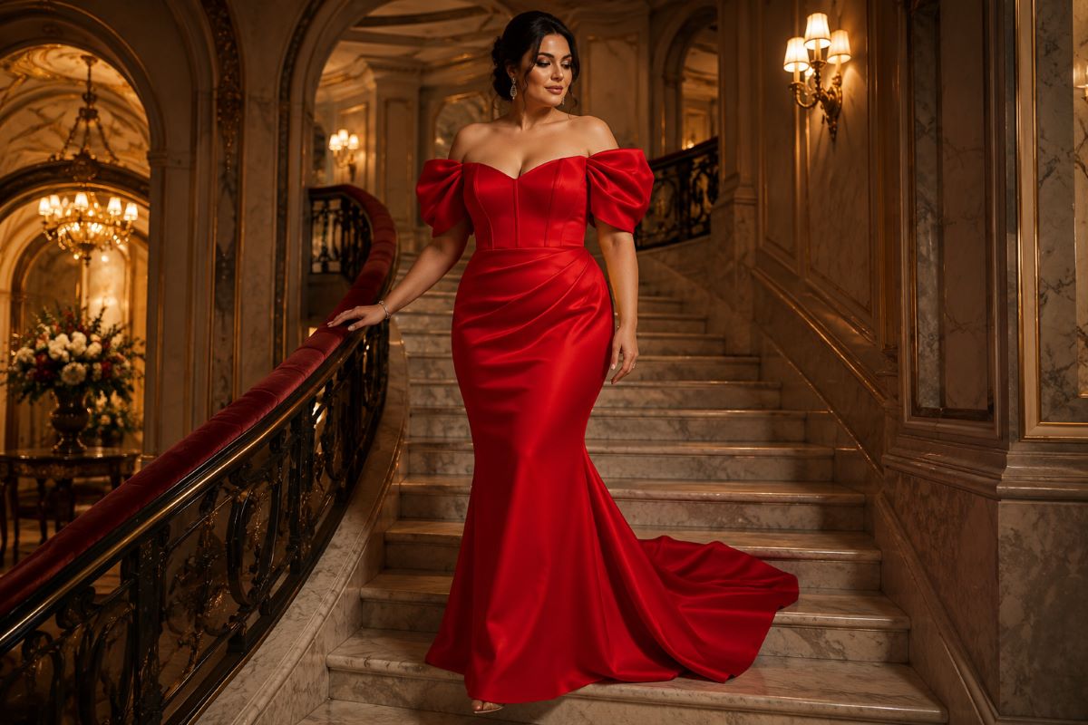 Red off shoulder mermaid mother gown