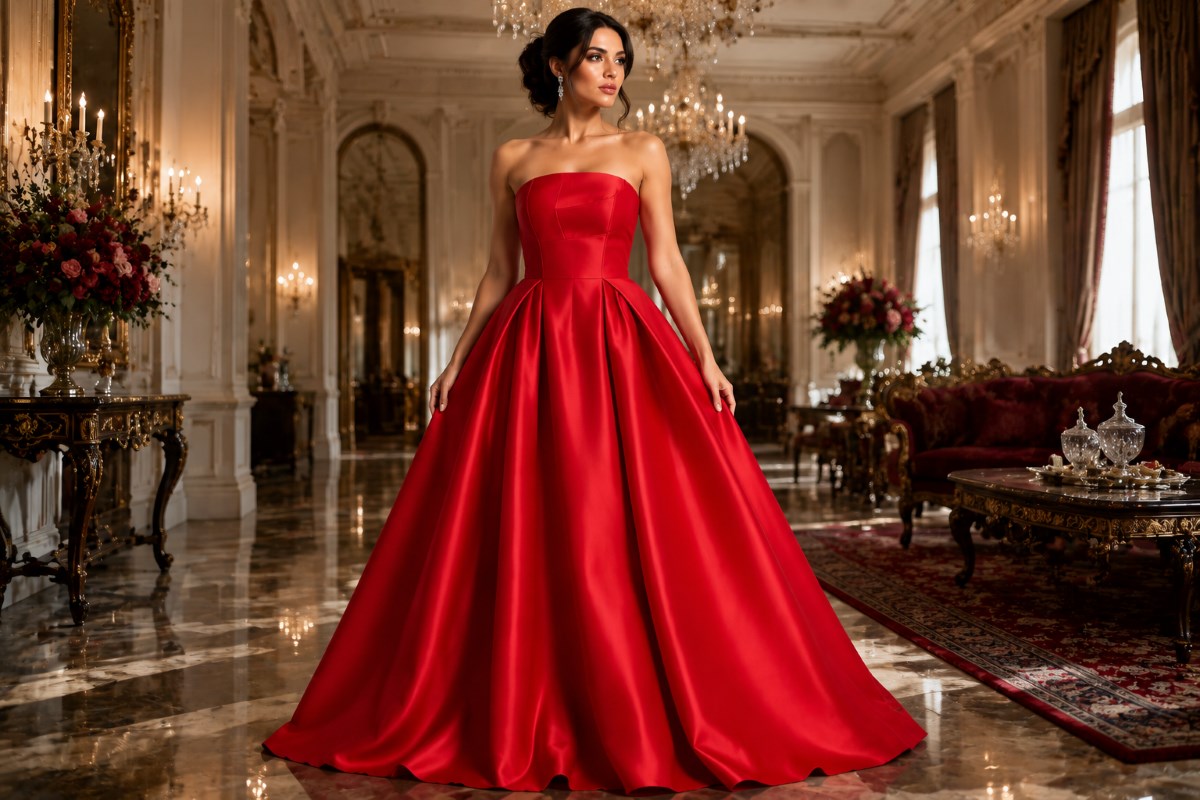 Red strapless satin ball gown studio look