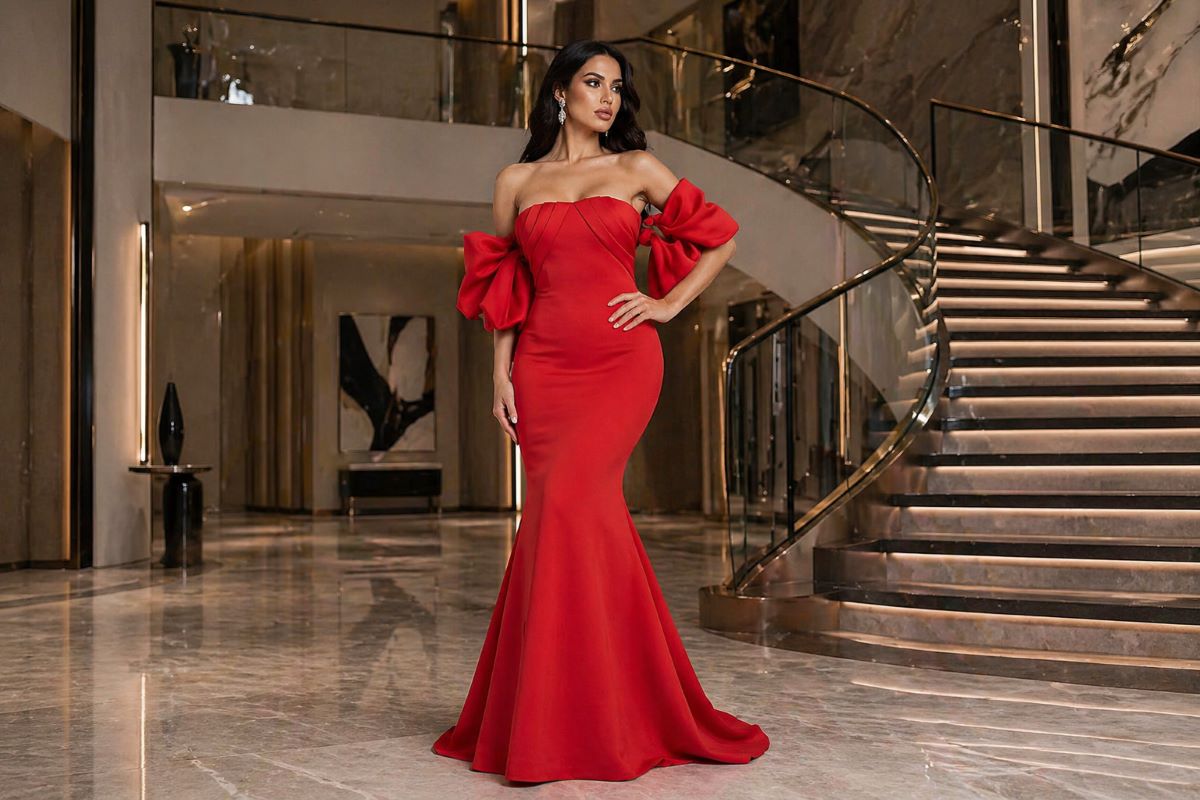 red strapless mermaid evening gown with off-shoulder bow sleeves