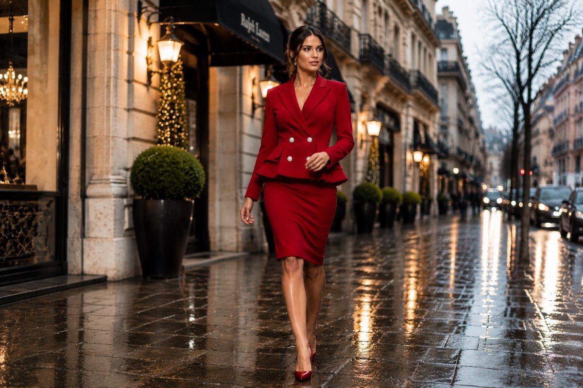 Elegant red structured runway suit look