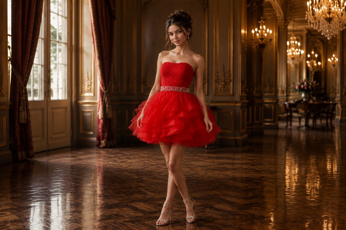 Elegant red Sweet 16 party dress look