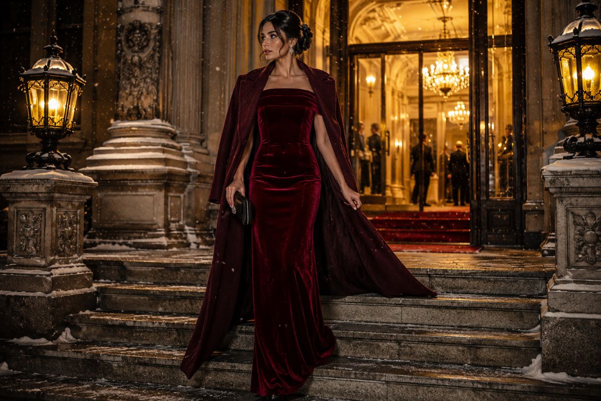 Woman in red velvet gown with evening coat