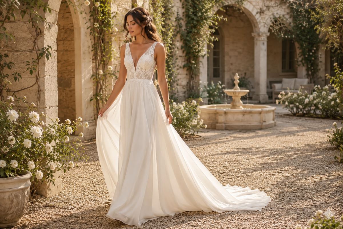 Romantic ivory A-line bridal gown with flowing chiffon skirt