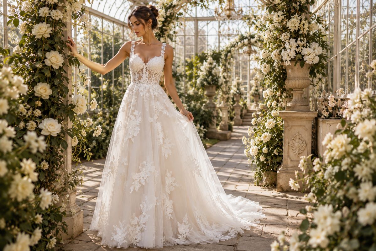 Romantic floral A-line bridal gown