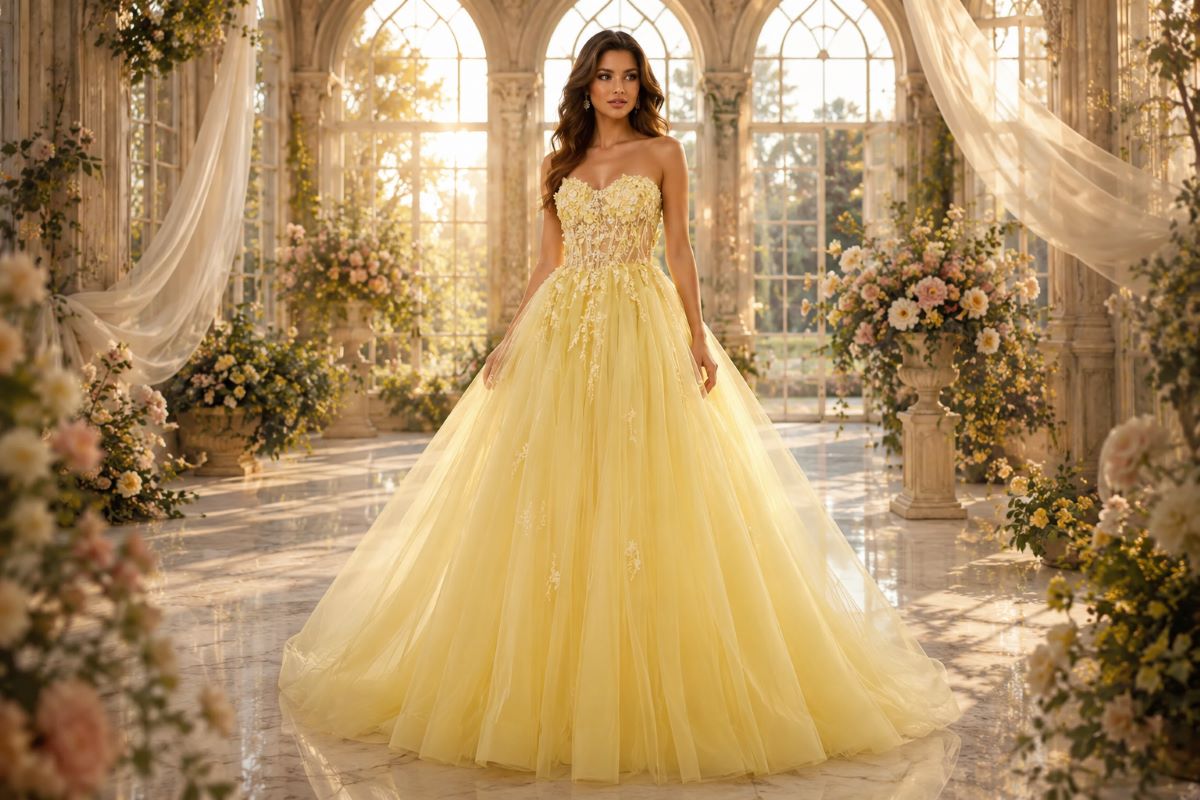Romantic yellow tulle maximalist ball gown