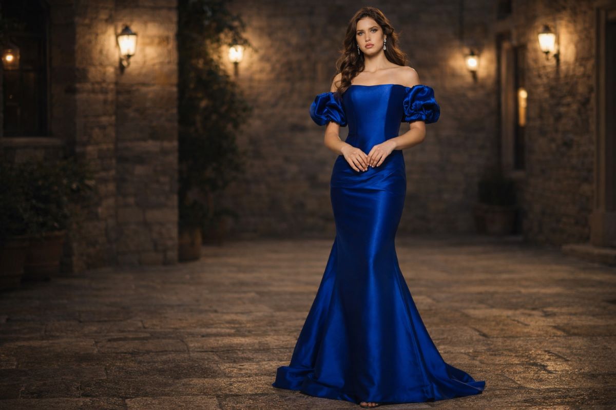 Royal blue mermaid gown in stone courtyard