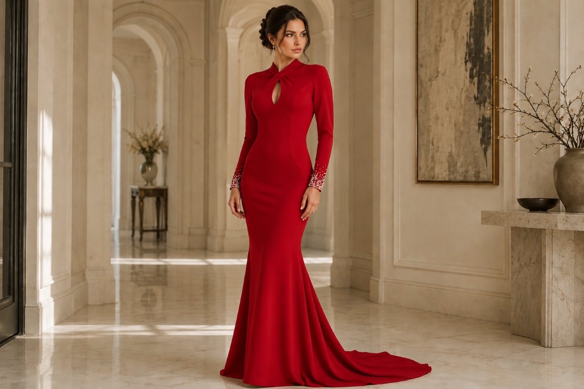 Ruby red mermaid evening gown for fair skin and blonde hair