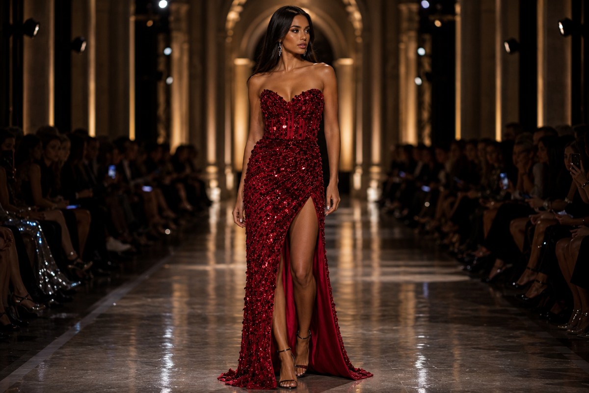 Ruby red sequined gown with high slit