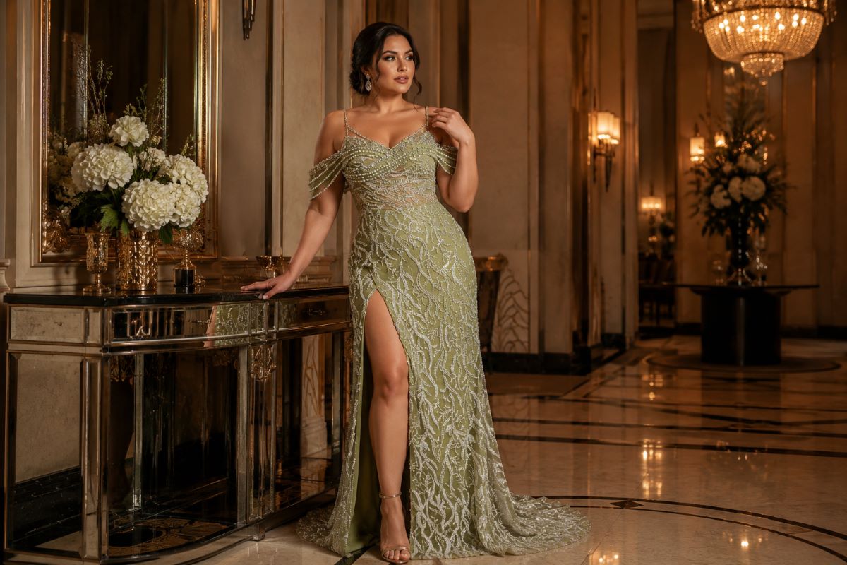Sage green embellished mother of bride gown
