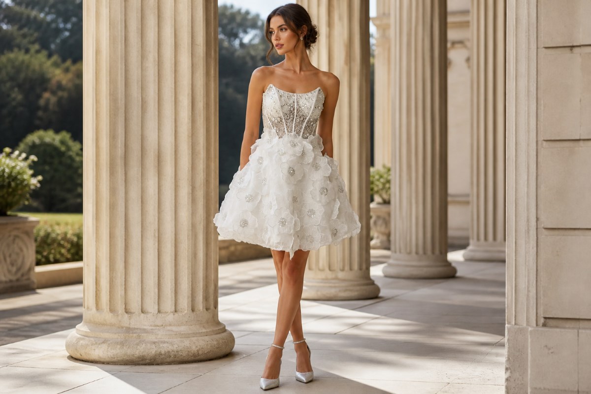 Short floral courthouse bridal dress