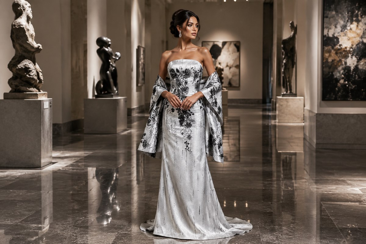 Silver floral column gown with matching shawl and sweep train