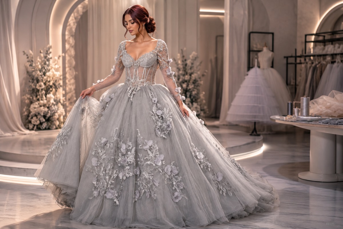 Silver quinceanera gown with dramatic volume